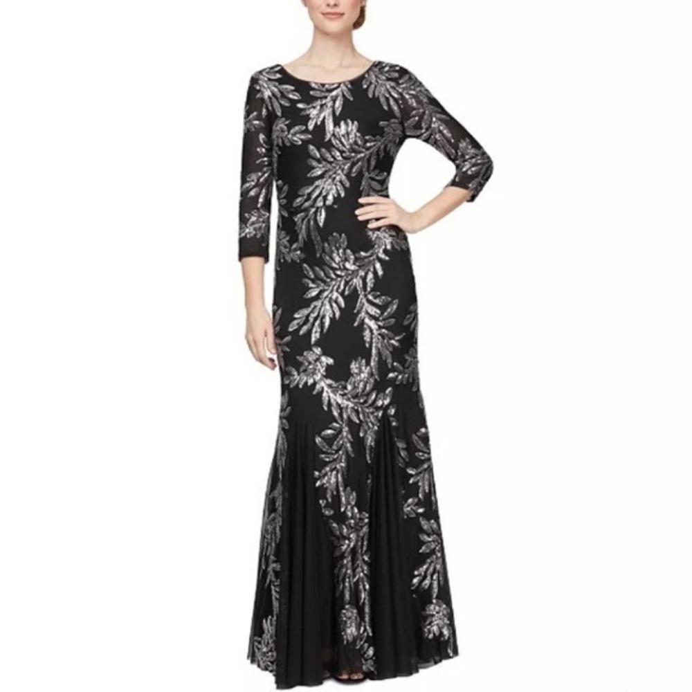 Alex Evenings Sequin Embroidered Trumpet 3/4 Sleeve Gown in Black/Pewter Size 8
